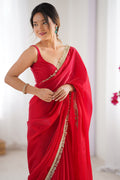 Red Fendy Satin Two Tone Sequins Hand Work Lace Border Saree With Blouse Piece