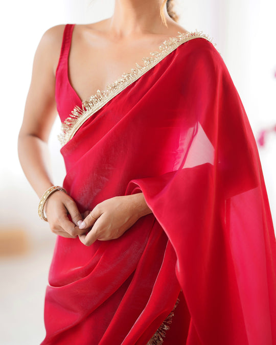 Red Fendy Satin Two Tone Sequins Hand Work Lace Border Saree With Blouse Piece