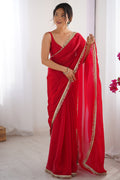 Red Fendy Satin Two Tone Sequins Hand Work Lace Border Saree With Blouse Piece