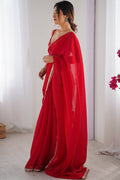 Red Fendy Satin Two Tone Sequins Hand Work Lace Border Saree With Blouse Piece