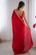 Red Fendy Satin Two Tone Sequins Hand Work Lace Border Saree With Blouse Piece