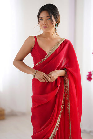 Red Fendy Satin Two Tone Sequins Hand Work Lace Border Saree With Blouse Piece