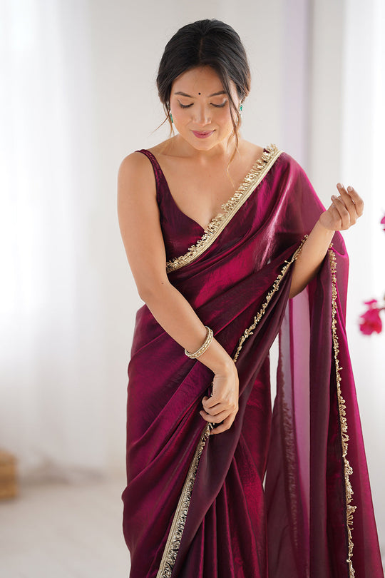 Wine Fendy Satin Two Tone Sequins Hand Work Lace Border Saree With Blouse Piece