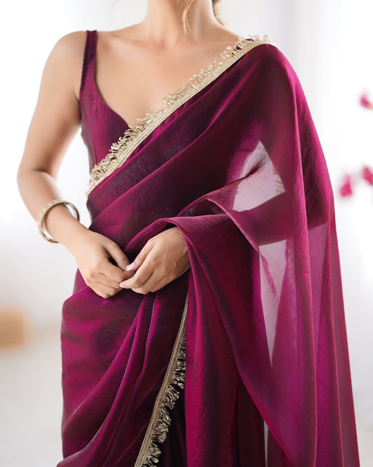 Wine Fendy Satin Two Tone Sequins Hand Work Lace Border Saree With Blouse Piece