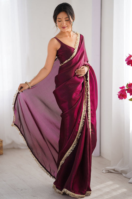 Wine Fendy Satin Two Tone Sequins Hand Work Lace Border Saree With Blouse Piece