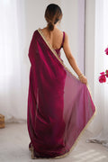 Wine Fendy Satin Two Tone Sequins Hand Work Lace Border Saree With Blouse Piece