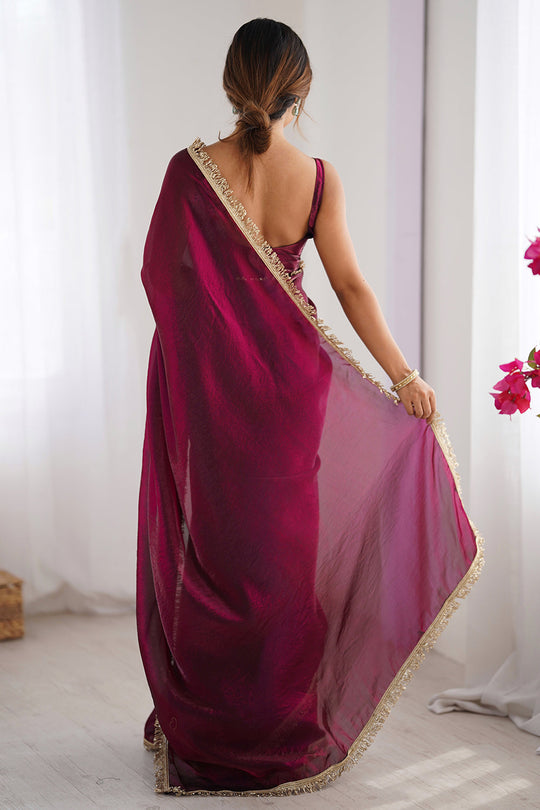 Wine Fendy Satin Two Tone Sequins Hand Work Lace Border Saree With Blouse Piece