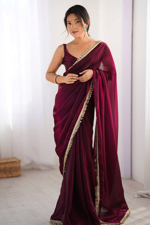 Wine Fendy Satin Two Tone Sequins Hand Work Lace Border Saree With Blouse Piece