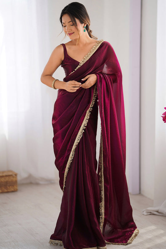 Wine Fendy Satin Two Tone Sequins Hand Work Lace Border Saree With Blouse Piece
