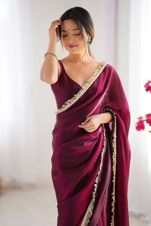 Wine Fendy Satin Two Tone Sequins Hand Work Lace Border Saree With Blouse Piece