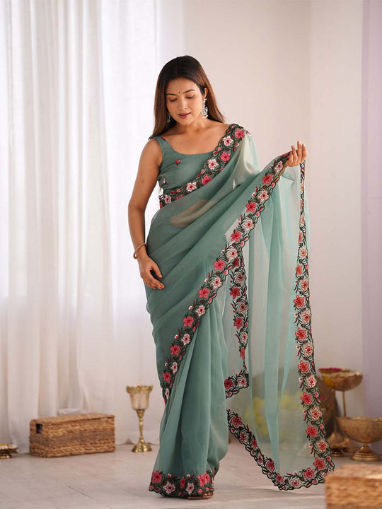 Gold Crush Saree With Multi Embroidery Work With Blouse Piece