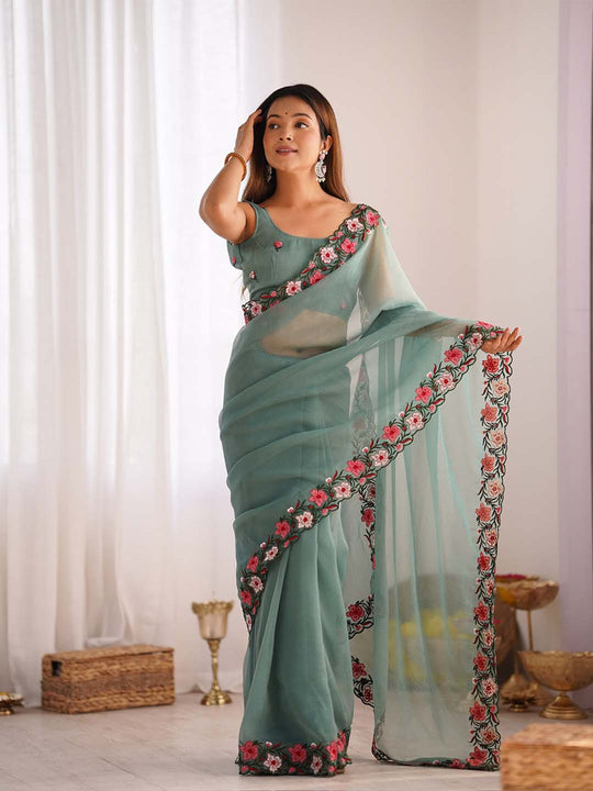 Gold Crush Saree With Multi Embroidery Work With Blouse Piece