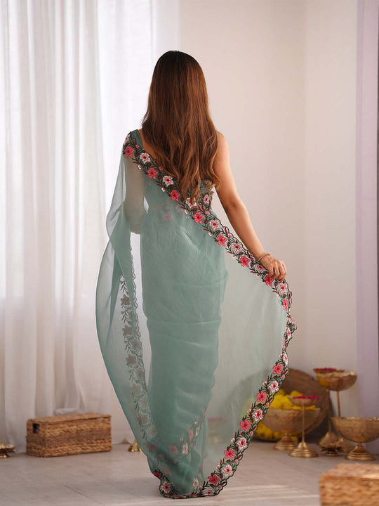 Gold Crush Saree With Multi Embroidery Work With Blouse Piece