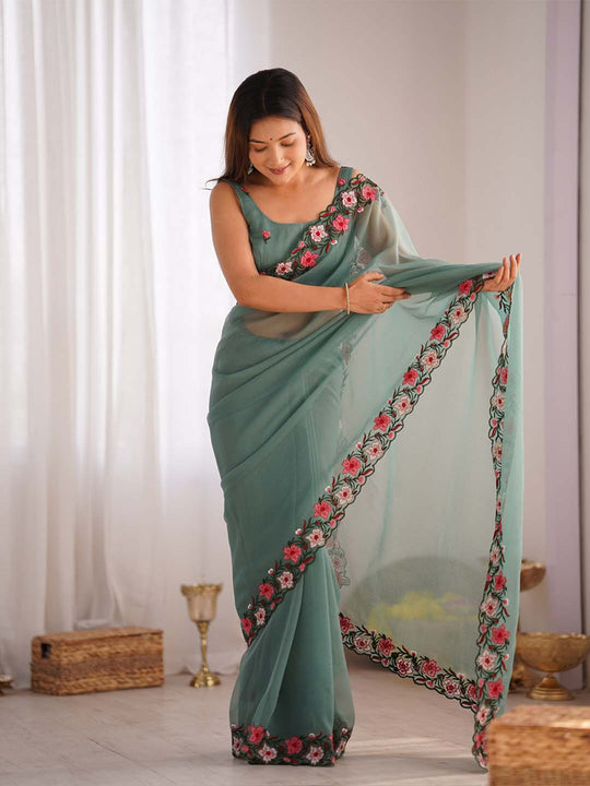 Gold Crush Saree With Multi Embroidery Work With Blouse Piece