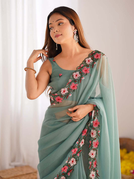 Gold Crush Saree With Multi Embroidery Work With Blouse Piece