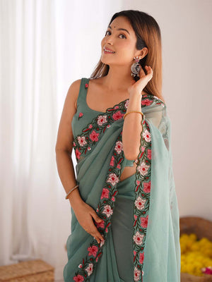 Gold Crush Saree With Multi Embroidery Work With Blouse Piece