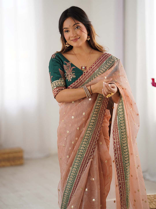 Banarasi Crush Lace Border Saree With Sequins And Cording Embroidery Work With Blouse Piece