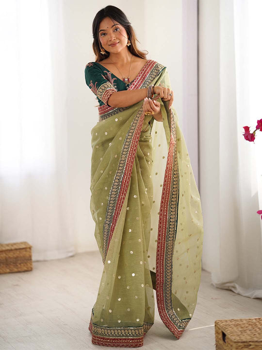 Banarasi Crush Lace Border Saree With Sequins And Cording Embroidery Work With Blouse Piece