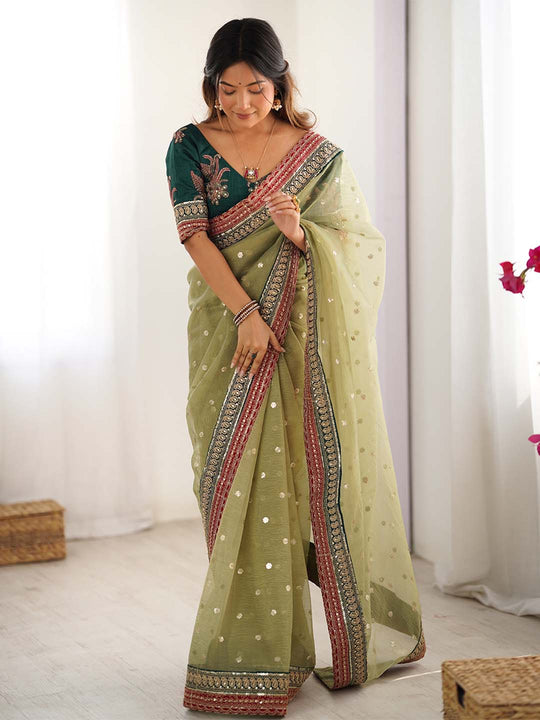 Banarasi Crush Lace Border Saree With Sequins And Cording Embroidery Work With Blouse Piece