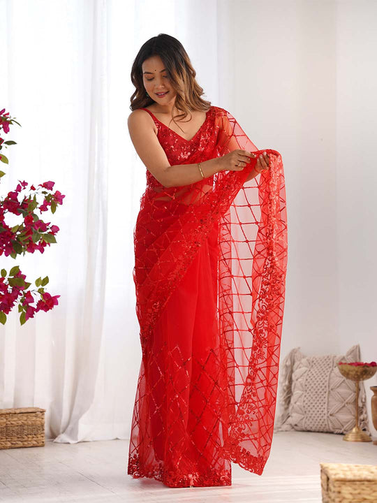 Soft Net Party Wear Saree With Blouse Piece
