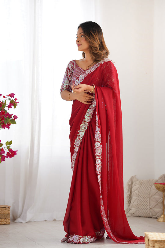 Red Satin Chifon Sequins Embroidery Work Saree With Blouse Piece