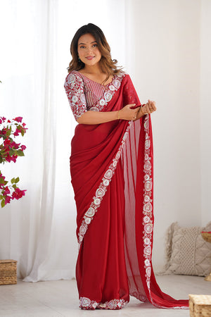 Red Satin Chifon Sequins Embroidery Work Saree With Blouse Piece