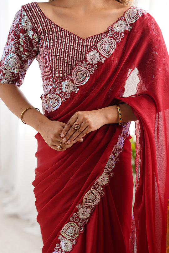 Red Satin Chifon Sequins Embroidery Work Saree With Blouse Piece