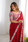 Red Satin Chifon Sequins Embroidery Work Saree With Blouse Piece