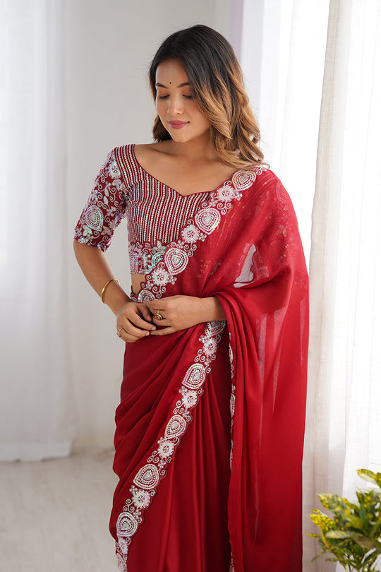 Red Satin Chifon Sequins Embroidery Work Saree With Blouse Piece