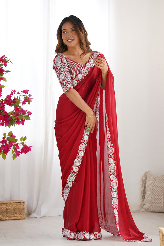 Red Satin Chifon Sequins Embroidery Work Saree With Blouse Piece