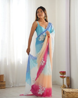 Multi Colour Pure Georgette Padding Sequins Embroidery Work Blouse Fabric Ultra Sattin 
 Saree With Blouse Piece