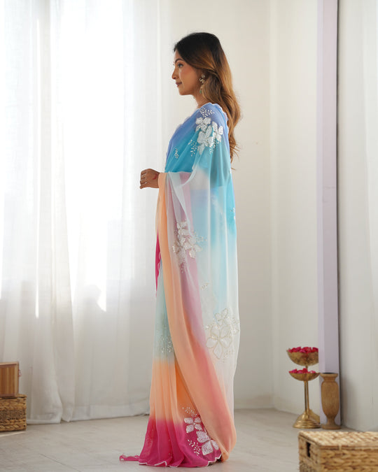 Multi Colour Pure Georgette Padding Sequins Embroidery Work Blouse Fabric Ultra Sattin 
 Saree With Blouse Piece