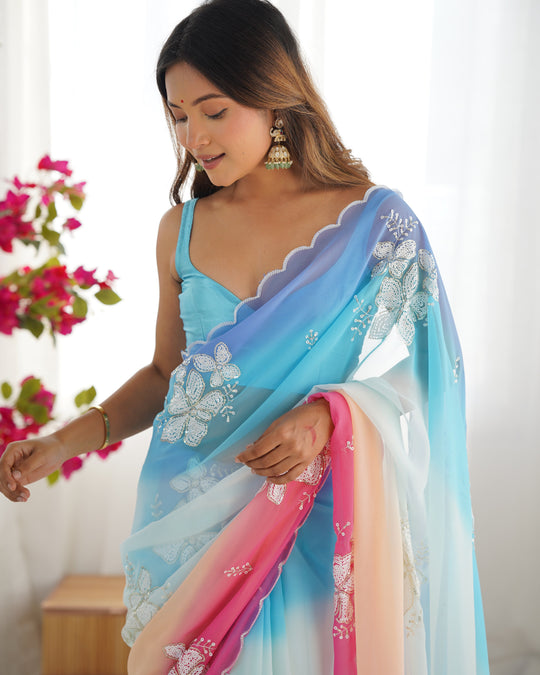 Multi Colour Pure Georgette Padding Sequins Embroidery Work Blouse Fabric Ultra Sattin 
 Saree With Blouse Piece