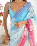 Multi Colour Pure Georgette Padding Sequins Embroidery Work Blouse Fabric Ultra Sattin 
 Saree With Blouse Piece