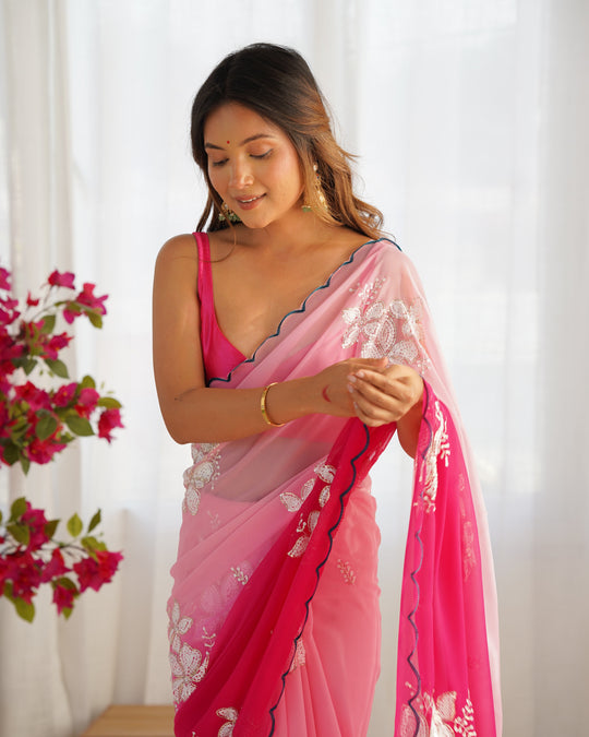 Multi Colour Pure Georgette Padding Sequins Embroidery Work Blouse Fabric Ultra Sattin 
 Saree With Blouse Piece