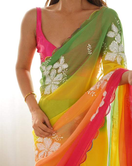 Multi Colour Pure Georgette Padding Sequins Embroidery Work Blouse Fabric Ultra Sattin 
 Saree With Blouse Piece