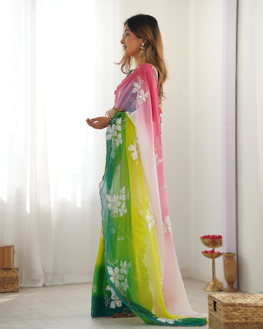 Multi Colour Pure Georgette Padding Sequins Embroidery Work Blouse Fabric Ultra Sattin 
 Saree With Blouse Piece