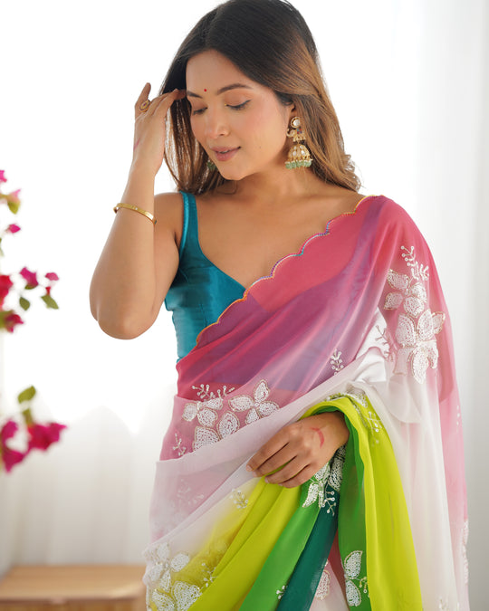 Multi Colour Pure Georgette Padding Sequins Embroidery Work Blouse Fabric Ultra Sattin 
 Saree With Blouse Piece