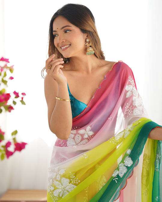 Multi Colour Pure Georgette Padding Sequins Embroidery Work Blouse Fabric Ultra Sattin 
 Saree With Blouse Piece