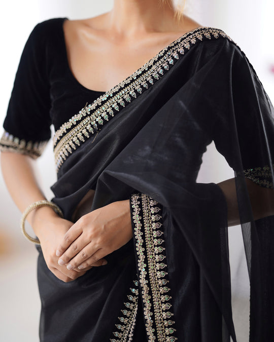 Black Twill Net Sequins And Cording Embroidery Work Saree With Blouse Piece