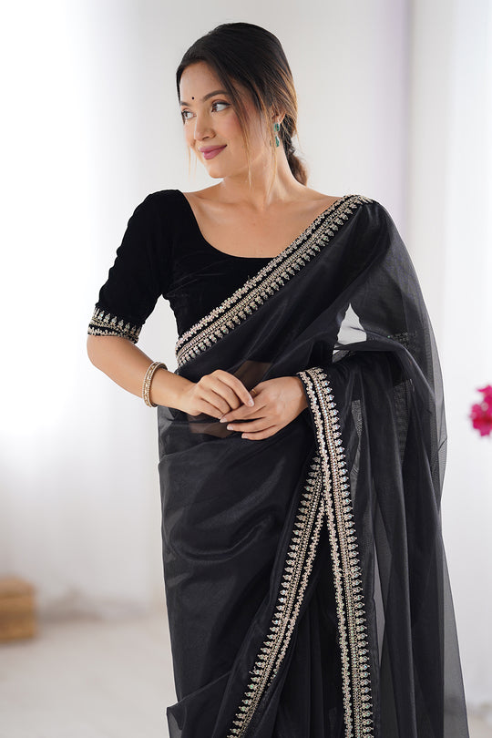 Black Twill Net Sequins And Cording Embroidery Work Saree With Blouse Piece
