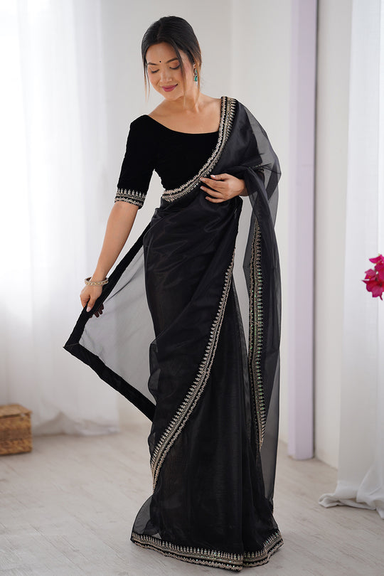 Black Twill Net Sequins And Cording Embroidery Work Saree With Blouse Piece