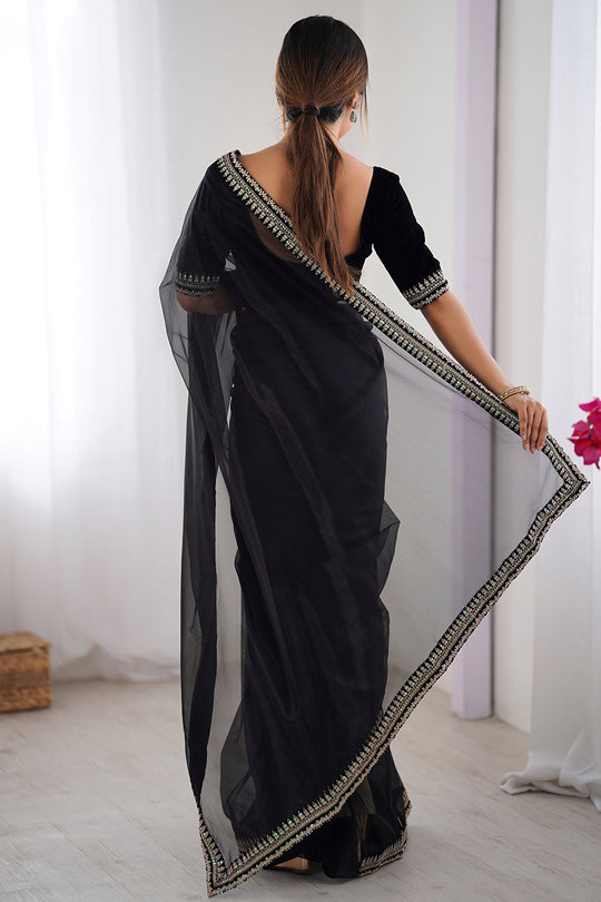 Black Twill Net Sequins And Cording Embroidery Work Saree With Blouse Piece