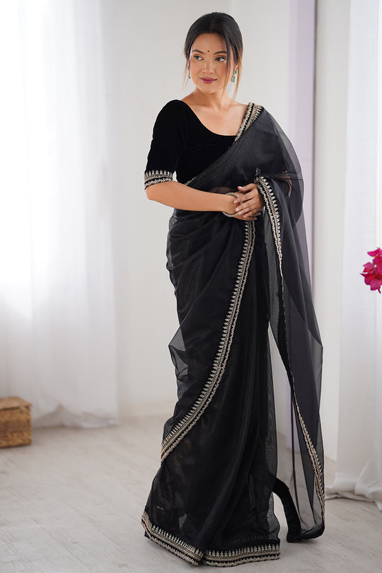 Black Twill Net Sequins And Cording Embroidery Work Saree With Blouse Piece