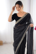 Black Twill Net Sequins And Cording Embroidery Work Saree With Blouse Piece