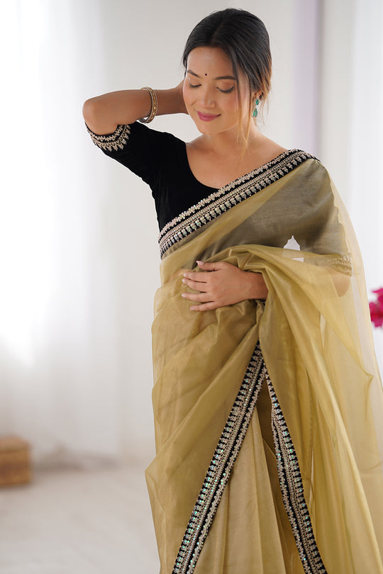 Camel Brown Twill Net Sequins And Cording Embroidery Work Saree With Blouse Piece