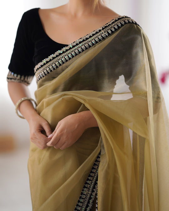 Camel Brown Twill Net Sequins And Cording Embroidery Work Saree With Blouse Piece