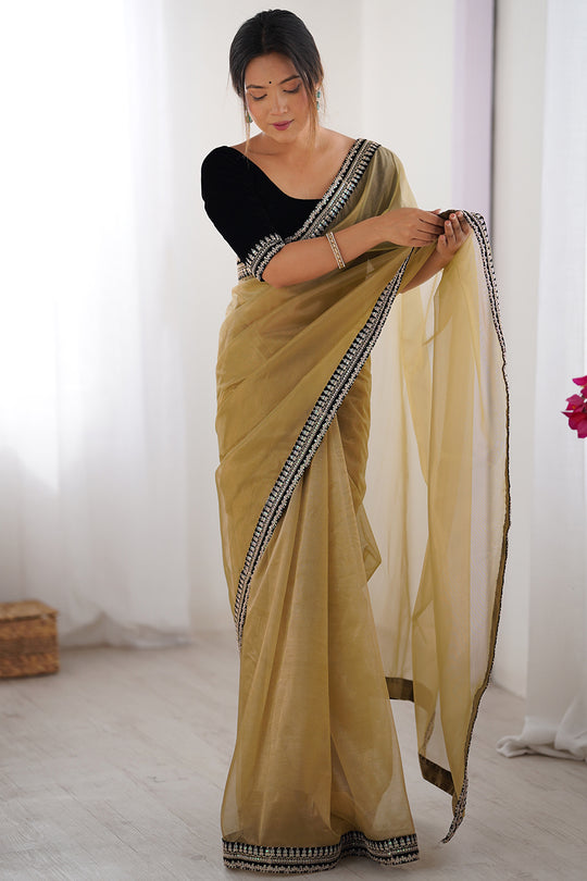 Camel Brown Twill Net Sequins And Cording Embroidery Work Saree With Blouse Piece