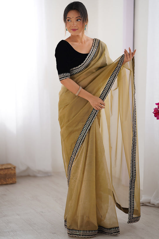 Camel Brown Twill Net Sequins And Cording Embroidery Work Saree With Blouse Piece