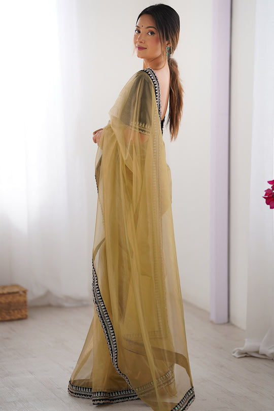 Camel Brown Twill Net Sequins And Cording Embroidery Work Saree With Blouse Piece